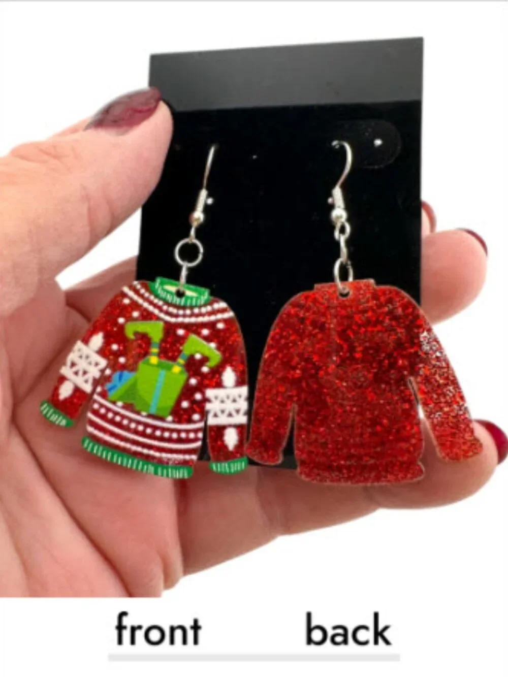 Ugly Elf Sweater Earrings Red Glitter Christmas Holiday Party Dangle Gift